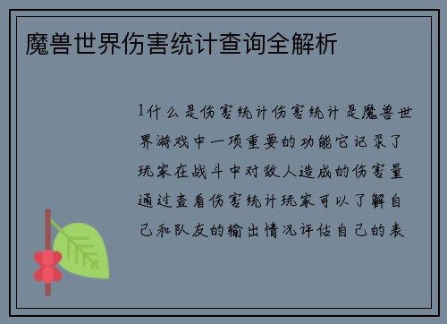 魔兽世界伤害统计查询全解析